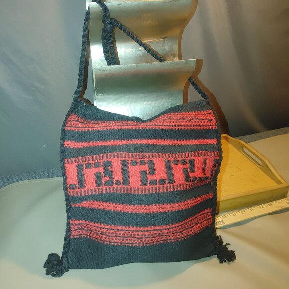 Vintage Greek Woven Shoulder Bag Red Black Patterned Greece Rayon Cotton Blend - Picture 5 of 7